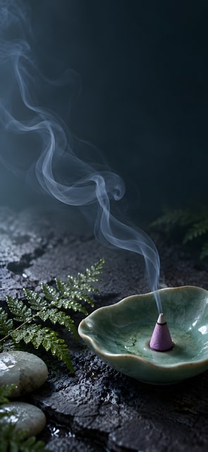 Incense Smoke Among Wet Ferns